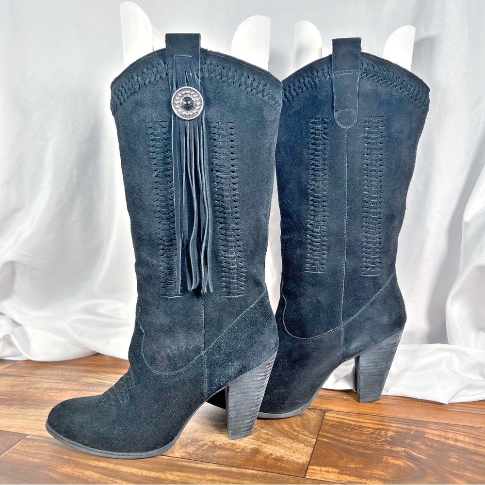 Reba Hades Black Suede Boots Western Boho Tall Heel Fringe Cowboy Cowgirl